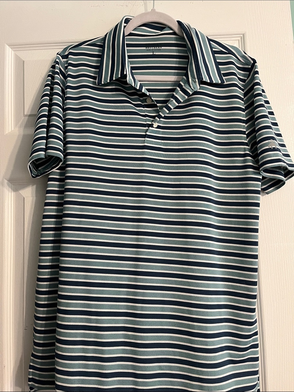 Brooks Brothers Navy, Teal & White Striped Polo